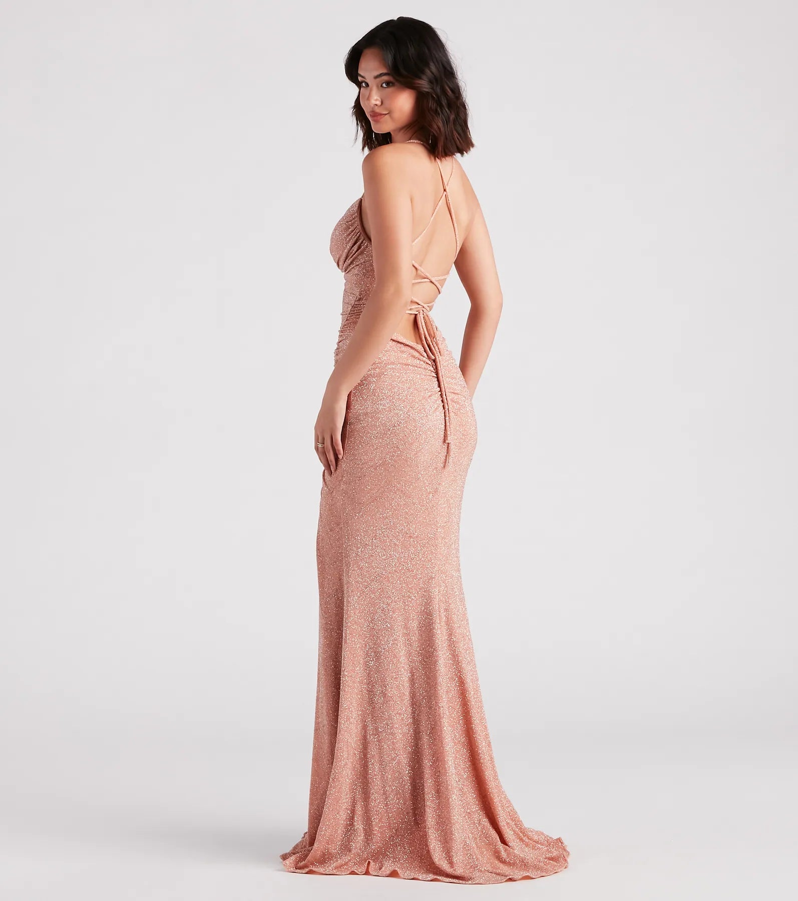 Rosalyn Ruched Glitter Knit High Slit Formal Dress
